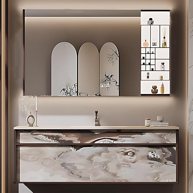 32IN Modern Bathroom Vanity with Sink - Bathroom Vanity with Drawer Organizer, LED Mirror Lights & Defogging Function | Wall - Mounted Vanity with Silver Sink Faucet