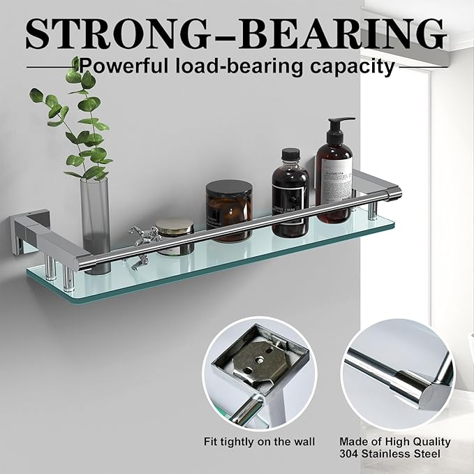 Glass Shelves for Bathroom, 20IN Rectangular Chrome Stainless Steel Tempered Glass Shelf Wall Mount Shelf Sink Over Toilet Modern Bathroom (Chrome Polished, 20‘’)