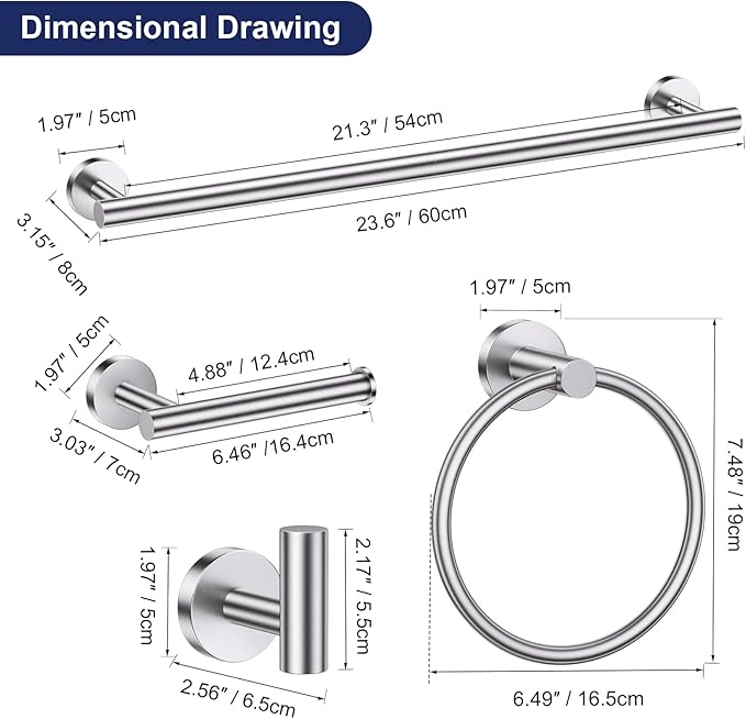 Lairuier 5 Pieces Brushed Nickel Bathroom Accessories Set, 23.6 Inch Bath Towel Bar Set, SUS304 Stainless Steel Bathroom Hardware Set Round Toilet Paper Holder Set Wall Mounted
