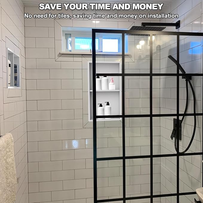 304 Stainless Steel Shower Niche Insert-24 x 12" No Tile Needed Bathroom Niche for Shower Wall-Double Shelves Built in Shower Shelf-Waterproof Recessed Cabinet for Bathroom Living Room Study Kitchen