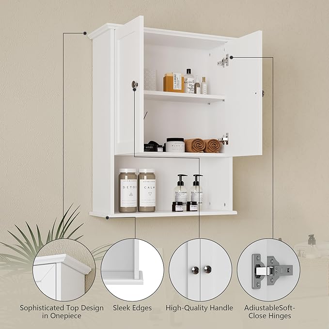 Medicine Cabinet, Over The Toilet Storage Cabinet, 24x30 Inch Wall Mount Bathroom Storage Cabinet with 2 Doors & Adjustable Shelf, Wooden Bathroom Wall Cabinet, White