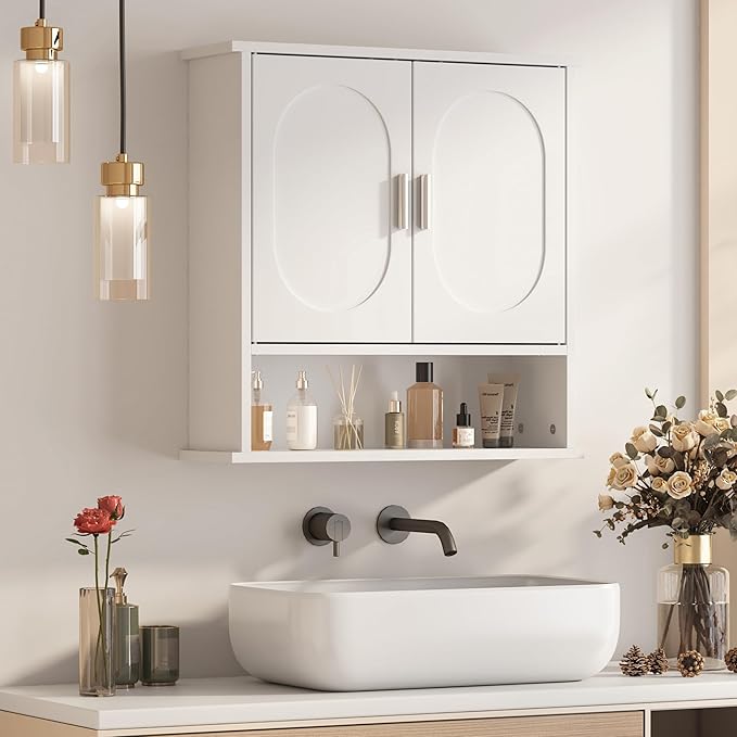 Medicine Cabinet for Bathroom,2 Doors White Bathroom Wall Cabinet with Oval,Over Toilet Storage Cabinet for Laundry Room/Kitchen/Living Room,Surface Mount Medicine Cabinets 23x24