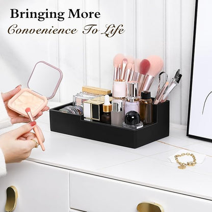 Luxspire Bathroom Counter Organizer - 5 Slot Toothbrush Holder with Lid for Cotton Balls, Q-Tips, Floss - Matte Black