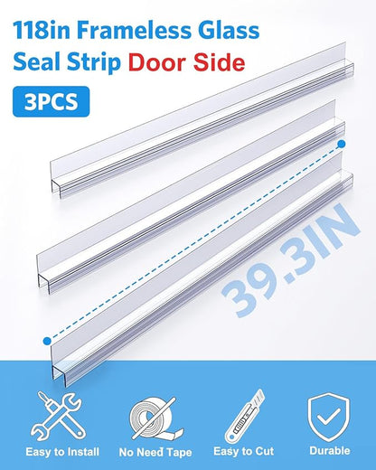 Shower Door Side Seal, 3Pack Shower Door Side Sweep Strip, Frameless Glass Doors Seal Strip for 3/8'' (10mm) Thick Doors, Showers Water Guard & Barrier 39.3'' x 0.39''