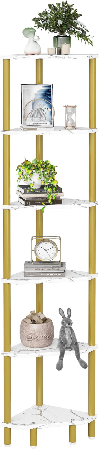 6 Tier Corner Shelf, 66.5'' Tall Standing Shelf, Narrow Display Shelf Stand, Modern Corner Bookshelf, Plant Stand, Corner Bookcase for Living Room, Bedroom, Bathroom, Gold and White LCS502GC