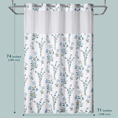 Lagute SnapHook Floral Shower Curtain with Snap-in Liner for Bathroom| No Hook Needed| Mesh Top Window| Machine Washable| Hotel Grade| 71Wx74L，Blue Bouquet