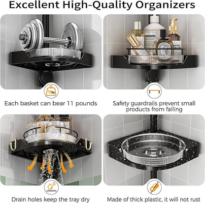 360° Rotating Corner Shower Caddy Tension Pole Organizer - 4-Tier Adjustable Rustproof Metal Pole, Plastic Shelves with Safety Guardrail, Bathroom Storage for Shower & Bathtub(Black)