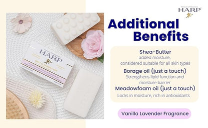 HARP pH-Balanced (5.0-6.0) Body Wash Bar. 100% Syndet. Protects Moisture Barrier For Sensitive, Dry or Irritated skin. + Shea Butter/Borage Oil. Non-Comedogenic. VANILLA LAVENDER FRAGRANCE