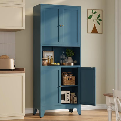 Metal Pantry Cabinet, Tall Kitchen Cabinet with 4 Doors & Adjustable Shelves,69" Blue Freestanding Storage Cabinets with Microwave Stand Cupboard for Living Room,Dining Room,Home
