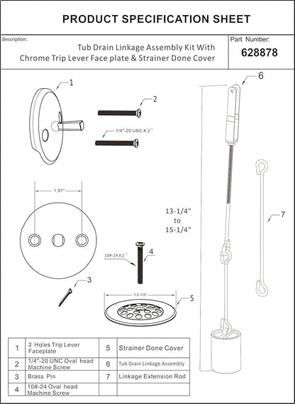 Tub Drain Linkage Assembly with Trip Lever and Strainer Done Cove, Fit for Trip Lever Bath Tub Waste and Overflow Drain by Artiwell