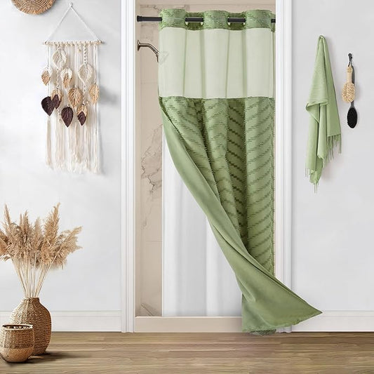 No Hooks Stall Fabric Shower Curtain with Snap in Liner- Water Repellent Tufted Chevron Striped Shower Curtains for Bath Tubs, Narrow Hotel Quality Bath Curtain Set, 36Wx74H, Sage Green