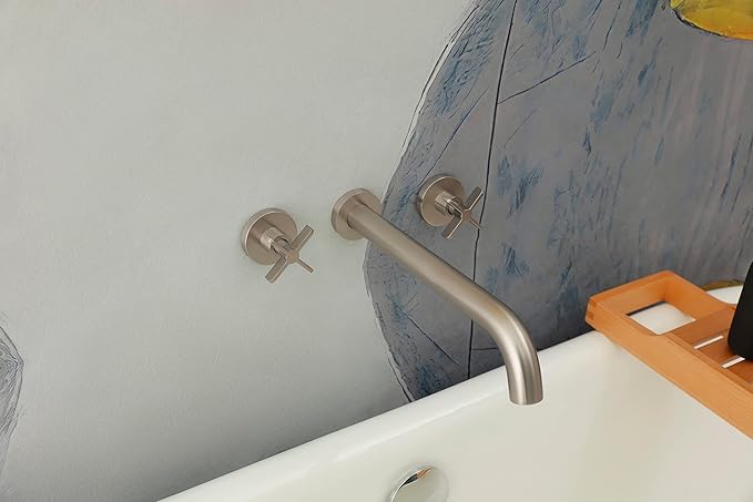 Wall Mount Tub Filler,Two Cross Handle Bathtub Faucet,Extra Long Spout Reach with High Water Flow,Brass Rough in Valve Included,Nickel Brushed