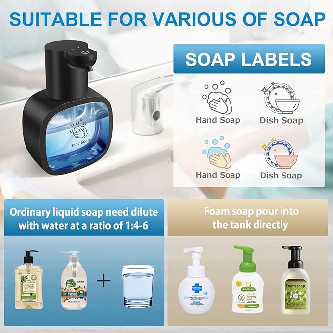 Automatic Foaming Soap Dispenser with 500ml/17oz Capacity, Touchless Soap Dispenser with 4 Level Adjustable, Rechargeable, Wall-Mounted, Waterproof for Kitchen, Bathroom, Hotel, Restaurant