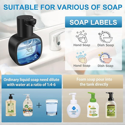 Automatic Foaming Soap Dispenser with 500ml/17oz Capacity, Touchless Soap Dispenser with 4 Level Adjustable, Rechargeable, Wall-Mounted, Waterproof for Kitchen, Bathroom, Hotel, Restaurant