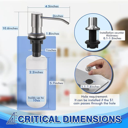 Built in Soap Dispenser for Kitchen Sink WEWE, Stainless Steel Brushed Nickel in Counter soap Dispenser Refill from The Top 10oz Large Liquid Bottle