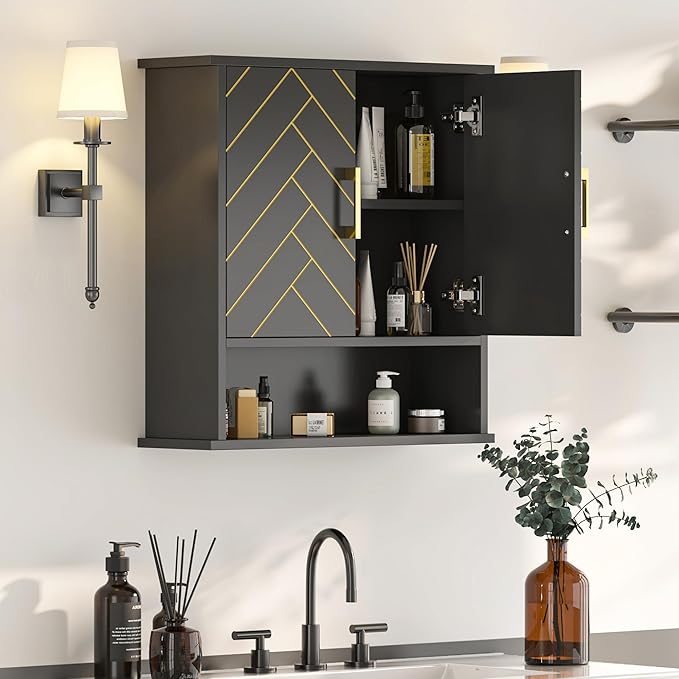 Black Chevron Pattern Bathroom Wall Cabinet, Modern Hanging Medicine Cabinet with Gold Hardware, Space-Saving Over Toilet Storage Organizer (23 5/8" x 22 7/8" x 15 3/4")