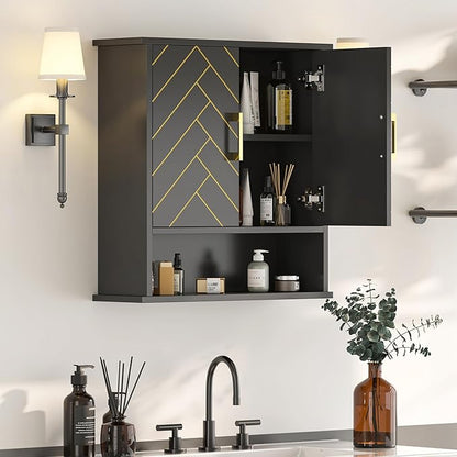 Black Chevron Pattern Bathroom Wall Cabinet, Modern Hanging Medicine Cabinet with Gold Hardware, Space-Saving Over Toilet Storage Organizer (23 5/8" x 22 7/8" x 15 3/4")