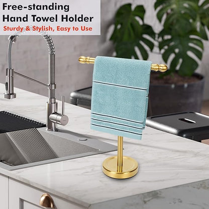 Hand Towel Holder Gold, T-Shape Hand Towel Stand for Bathroom, Stand Hand Towel Rack Free-Standing Towel Bar for Bathroom Kitchen Countertop, Stainless Steel