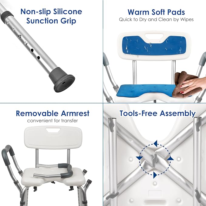 TooCust Extra Wide M-Shaped & Padded Armrests Shower Chair, 500lbs Capacity, Bariatric, Blue, Aluminum, Bath & Shower Safety Seating