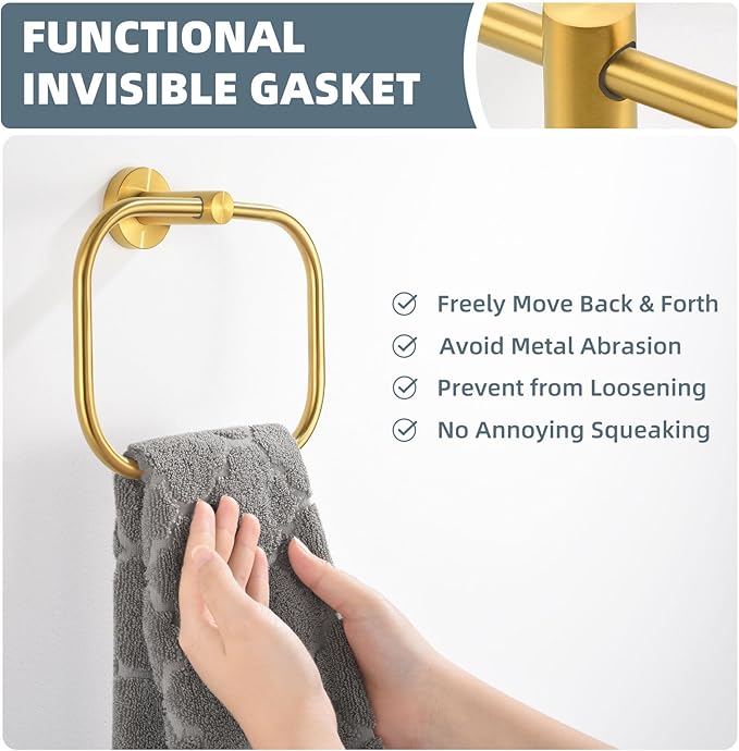 Angle Simple Square Towel Ring Brassy Gold, SUS 304 Stainless Steel Swivel Hand Towel Holder for Bathroom, Wall Mount, 7.87 Inches