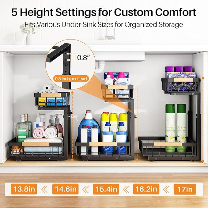 PXRACK 1 Pack Under Sink Organizer,Adjustable Height,2 Tier Pull Out Under Cabinet Organizer,Slide Out Thickened Metal Under Sink Storage for Kitchen Bathroom Laundry Cabinet Pantry,Black(S)