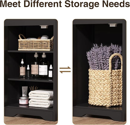 67"H Bathroom Storage Cabinet with Rattan Doors and Slide Storage, Tall Narrow Standing Tower Cabinet with Adjustable Shelves, Small Bathroom Floor Organizer for Entryway, Kitchen, Black