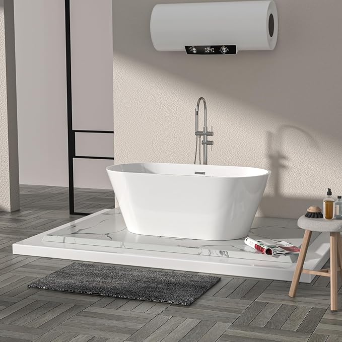 Logmey 59" Acrylic Freestanding Bathtub White Oval Shape Soaking Tub with Chrome Drain & Overflow Assembly for Classic Modern Bathrooms