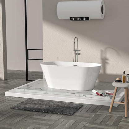 Logmey 59" Acrylic Freestanding Bathtub White Oval Shape Soaking Tub with Chrome Drain & Overflow Assembly for Classic Modern Bathrooms