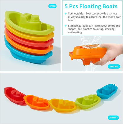 Baby Bath Toys for Toddlers, 15 PCS Mold Free Bathtub Water Play Toys with Rainbow Color Floating Boats Spoons and Silicone Sensory Bath Toys, Water Table & Pool Toys for Babies and Toddlers