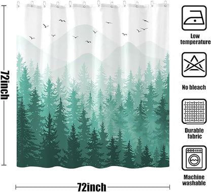 Aipon Teal Misty Forest Shower Curtain Ombre Nature Tree Plants Shower Curtains Fabric Waterproof Mountain Shower Curtain Sets for Bathroom Bath Decor with 12 Hooks (Teal, 72'' × 72'')