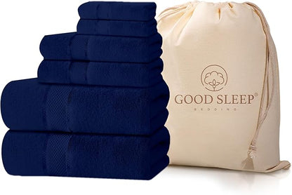 100% Cotton Bath Towel Set, Set of 6 Bath Towels, 2 Bath Towel, 2 Hand Towels, 2 Wash Cloths for Showering, Highly Absorbent Bathroom Set, Super Soft & Quick Dry Towels for Bathroom, Navy Blue