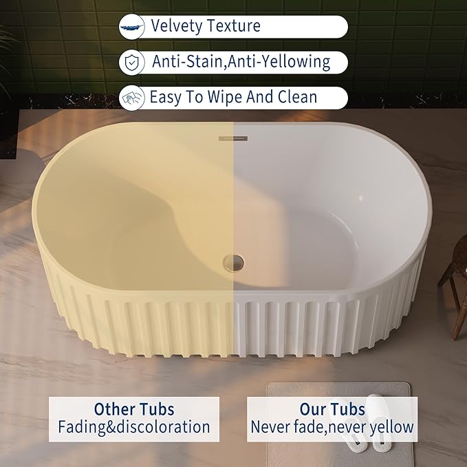 67 Inch Acrylic Freestanding Bathtub with Textured Stripes, Deep Soak Tub, Space-Saving, Glossy Surface, Luxury Spa Design for Modern Bathrooms