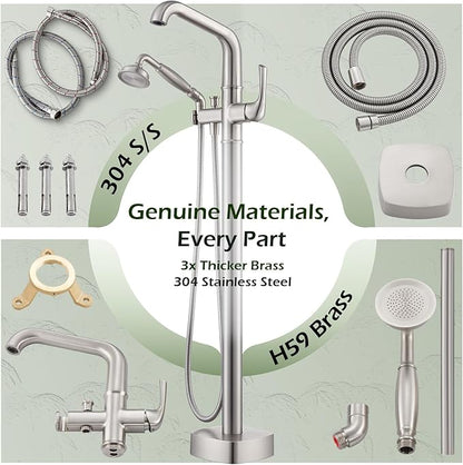 Luxury Free Standing Tub Faucet, Classic Brass Freestanding Bathtub Faucet, Lexdale Bathroom Floor Mount Tub Filler with handheld Sprayer Supply Lines Included Brushed Nickel (LD8911-BN)
