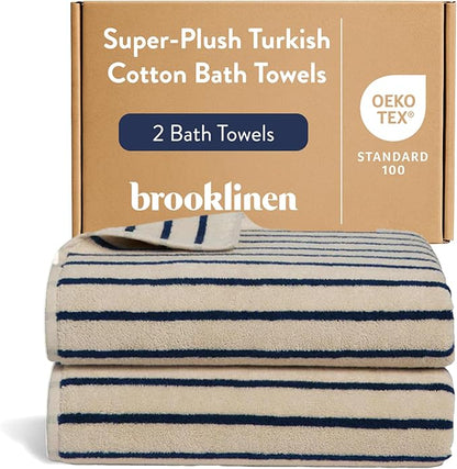 Brooklinen Super-Plush Turkish Cotton Bath Towels - Set of 2 - Cotton, 820 GSM, Highly Absorbent, Machine Washable, Perfect for Home & Bathroom (30" x 58", Striped Navy)
