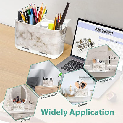 Boperzi Electric Toothbrush Holder for Bathroom Organizer Countertop, Detachable Anti-Slip Toothpaste Storage Caddy 6 Slots White Marble with Drainage Holes for Makeup Brush Razor Stand