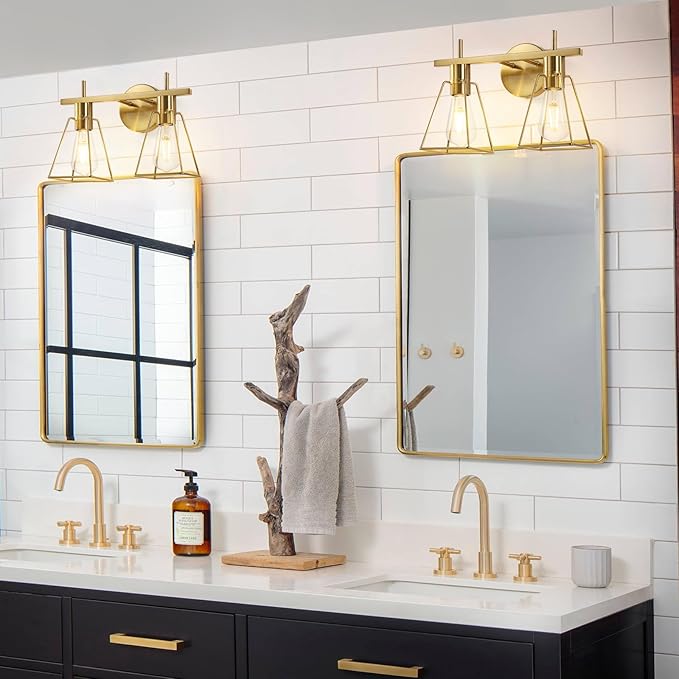 Industrial Bathroom Vanity Lights: 2-Lights Brush Gold Vintage Metal Cage Wall Sconces - Rustic Farmhouse Lightning Fixture Over Mirrors Cabinet for Dressing Hallway
