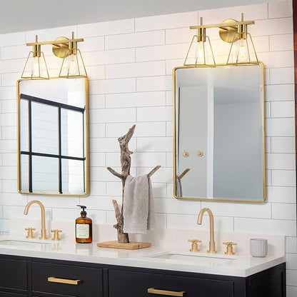 Industrial Bathroom Vanity Lights: 2-Lights Brush Gold Vintage Metal Cage Wall Sconces - Rustic Farmhouse Lightning Fixture Over Mirrors Cabinet for Dressing Hallway
