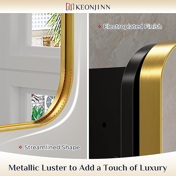 Keonjinn 20 x 32 Inch Gold Mirrored Medicine Cabinet, Recessed Medicine Cabinets for Bathroom, Dim Brushed Brass Stainless Steel Framed, Adjustable Shelves, in Wall or Surface Mount, Sturdy & Heavy