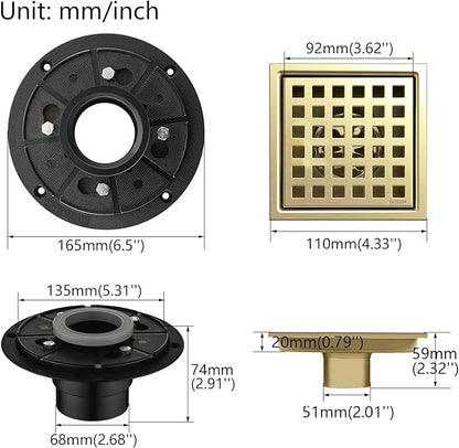 4 Inch Square Shower Floor Drain with Flange,Quadrato Pattern Grate Removable,Food-Grade SUS 304 Stainless Steel,Brushed Gold
