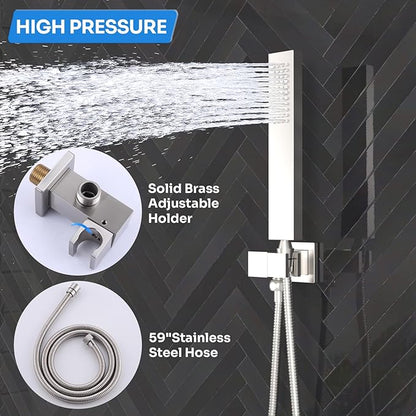 Enga Shower Systems with 4 Body Spray Jets, 4 Way 12+6" Rainfall Shower Head with Handheld Combo, Ceiling Mounted Shower Jets System in Wall Shower Faucet Sets Complete, Brushed Nickel
