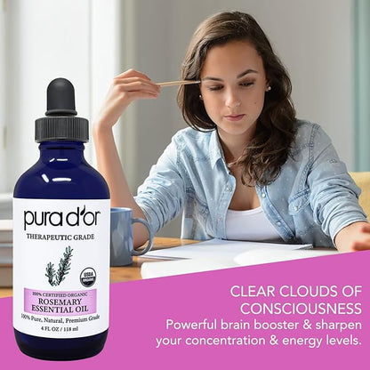 PURA D'OR Organic Rosemary Essential Oil, 4oz, Therapeutic Grade, for Hair, Body, Skin, Aromatherapy, Relaxation, Massage, Mood, Relief, Home, DIY Soap