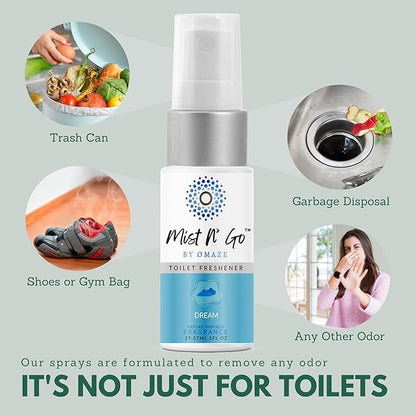 Mist N’ Go by Omaze Travel Bathroom Spray for Toilet Spray Odor Eliminator - Travel Toilet Spray for Bathroom Air Freshener Spray for Bathroom Deodorizer - Dream Travel Size (1oz x2)