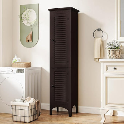Tangkula 63" Tall Bathroom Storage Cabinet, Freestanding Narrow Linen Tower with Adjustable Shelf, Modern Slim Floor Cabinet with 2 Doors for Bathroom, Living Room, Kitchen (Brown)
