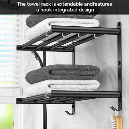 Black Adjustable Towel Bar for Bathroom Wall Mount17-30.7inch Adhesive Shower Towel Rack Stainless Steel Bath Towel Holders for Toilet Kitchen Double Towel Hanger (Black Double Towel Rack)
