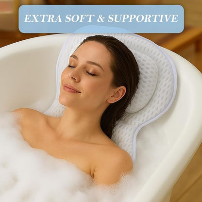 Bath Pillow for Tub | 4D Air Mesh Fabric - Plush Bathtub Pillow for Neck & Back Support, Hot Tub Pillow with 6 Non-Slip Suction Cups | Spa Pillow for Relaxation and Comfort (White).