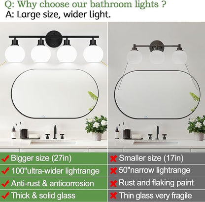 4-Light Bathroom Light Fixtures, Black Bathroom Lights Over Mirror with Milky White Frosted Glass Globe Shade, Vanity Lights for Bathroom Kitchen Living Room Hallway Cabinet Bedroom Porch