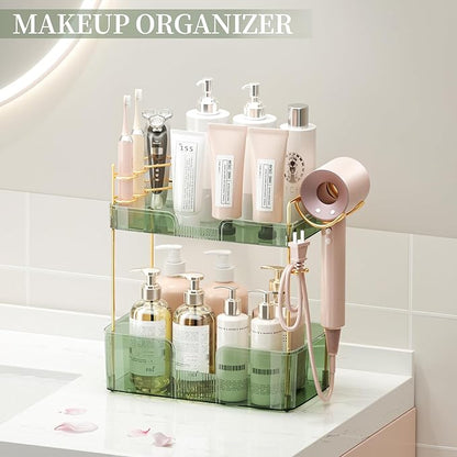 2 Tier Bathroom Counter Organizer with Hair Dryer Holder, Modern Style, Countertop Mount, 2 Shelves, Green