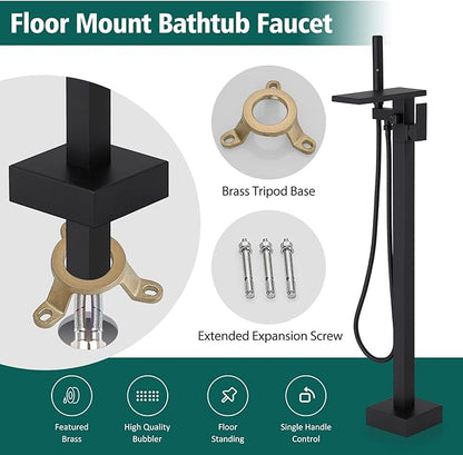 Hoimpro Tub Filler Freestanding Bathtub Faucet Matte Black Floor Mount Tub Faucet Waterfall Free Standing Bathtub Filler High Flow Brass Bath Shower Faucets with Handheld Sprayer
