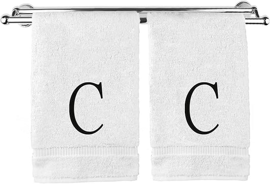 Monogrammed Hand Towel, Personalized Initial Gift, Extra Absorbent 100% Turkish Cotton - Soft Terry Finish - Set of 2 - Black Block Initial C - Embroidered on White Towels