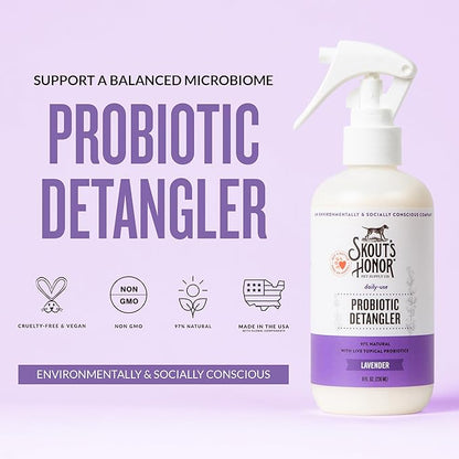 Skout's Honor Probiotic Pet Detangler Spray - Hydrating & Conditioning with Avocado Oil, 97% Natural, Paraben & Sulfate-Free, softens for a More brushable Coat, Daily Use, 8oz, Lavender, 2-Pack